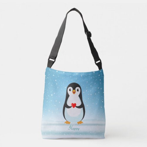 Happy Penguin Holding a Heart Crossbody Bag