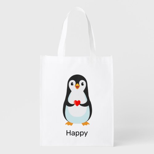 Happy Penguin Holding a Heart Grocery Bag