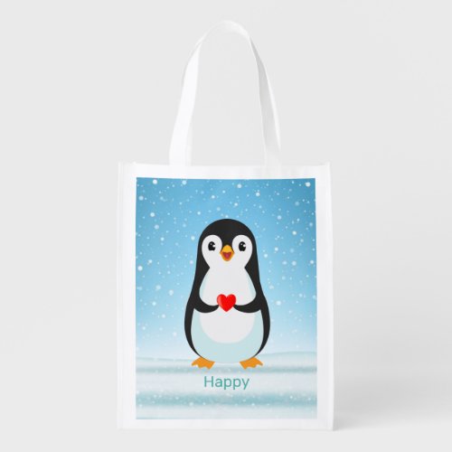 Happy Penguin Holding a Heart Grocery Bag