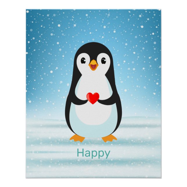 Happy Penguin Holding a Heart Poster (Front)