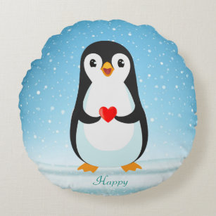 Happy Penguin Holding a Heart Round Pillow