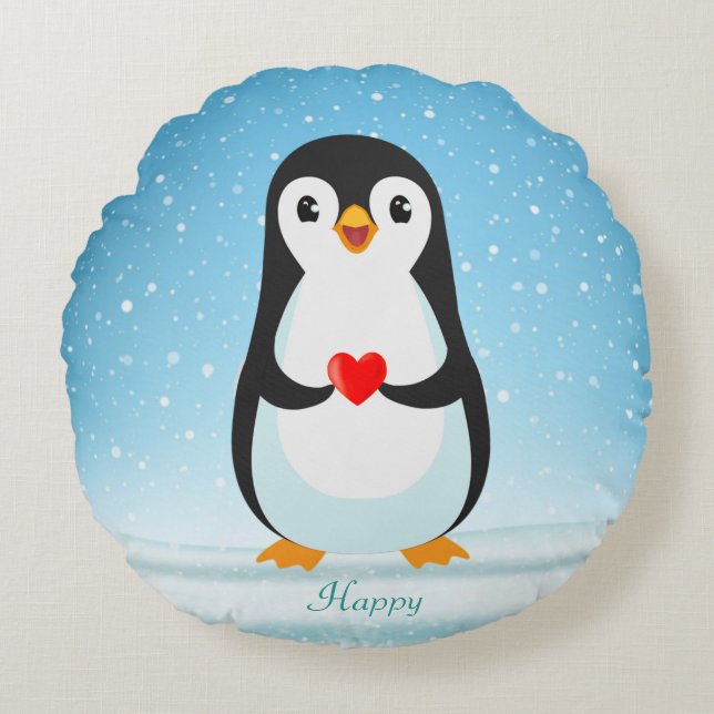 Happy Penguin Holding a Heart Round Pillow (Front)