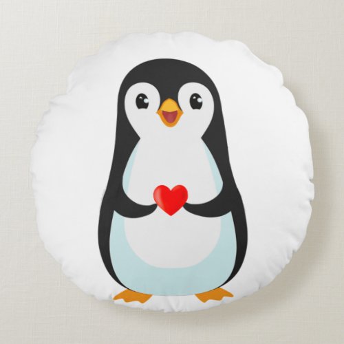 Happy Penguin Holding a Heart Round Pillow