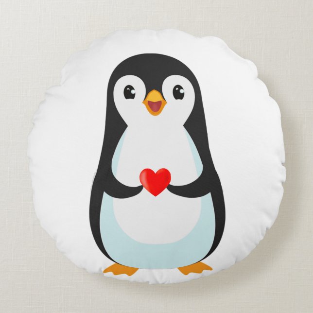 Happy Penguin Holding a Heart Round Pillow (Front)