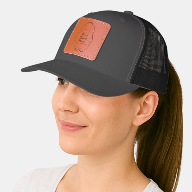 Happy penguin holding a sign to personalize leather patch hat (Female)
