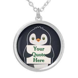 Happy penguin holding a sign to personalize silver plated necklace