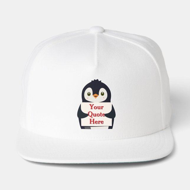 Happy penguin holding a sign to personalize snap back hat (Front)