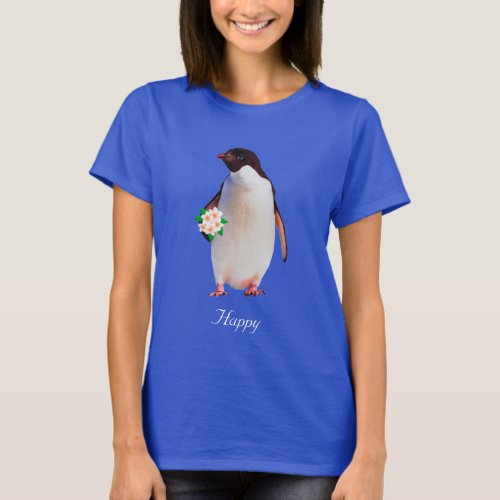 Happy Penguin Holding Flowers T_Shirt