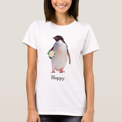 Happy Penguin Holding Flowers T_Shirt