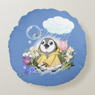 Happy Penguin In The Rain Round Pillow