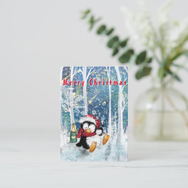 Happy Penguin - Merry Christmas - Cheers - Fun Note Card (Standing Front)
