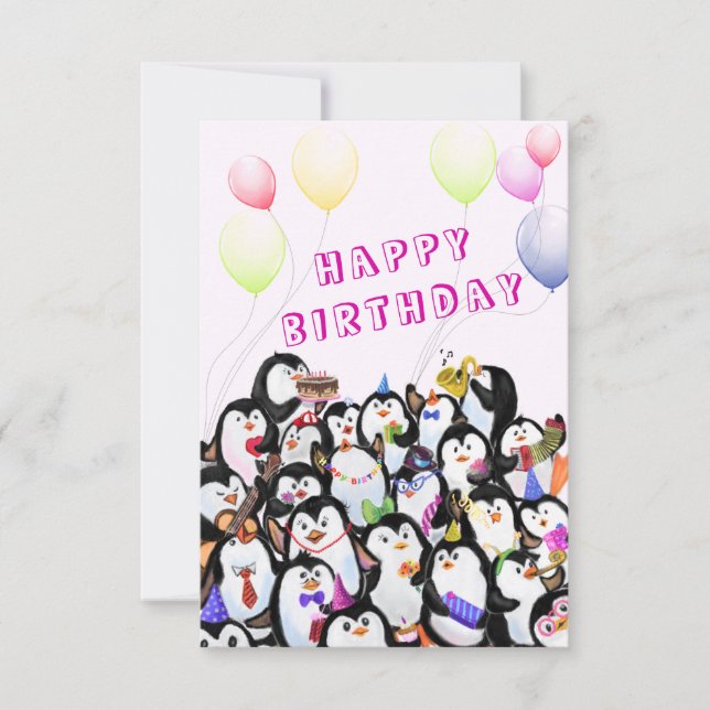 Happy Penguin Party Birthday Card - Customizable (Front)