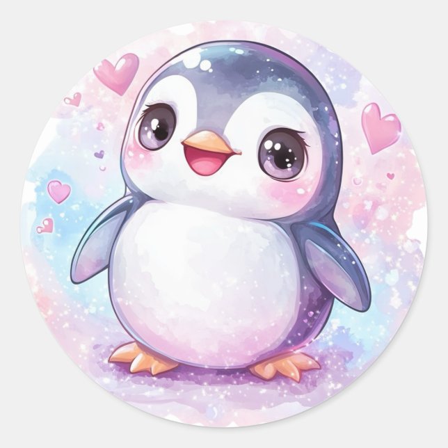 Happy Penguin Round Pastel Sticker (Front)