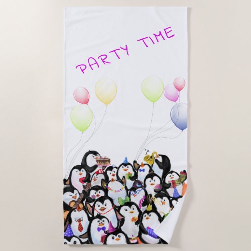 Happy Penguins Party Beach Towel Cartoon