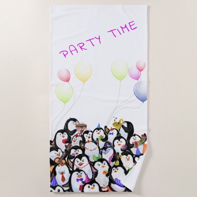 Happy Penguins Party Beach Towel Cartoon (Front)