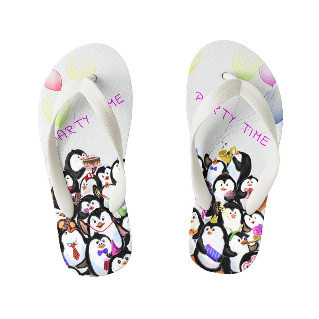 Happy Penguins Party Cartoon Drawing - Cute Funny Kid's Flip Flops | Zazzle