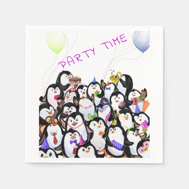 Happy Penguins Party Cartoon Drawing - Cute Funny  Napkins (Front)