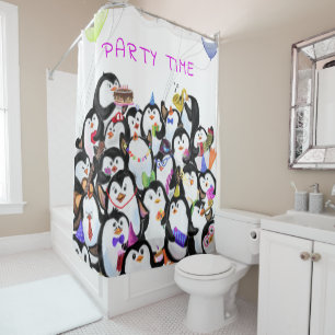 Happy Penguins Party Cartoon Drawing - Cute Funny  Shower Curtain