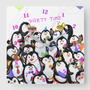 Happy Penguins Party Cartoon Drawing - Cute Funny Square Wall Clock