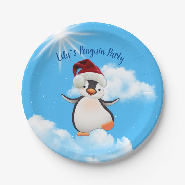 Happy Penguins, Santa-hats Paper Plates (Front)