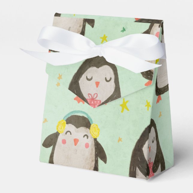 Happy Penguins Wearing Santa Hats w/Ear Muffs Favor Boxes (Front Side)