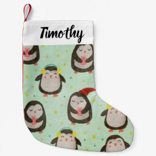 Happy Penguins Wearing Santa Hats w/Ear Muffs Small Christmas Stocking