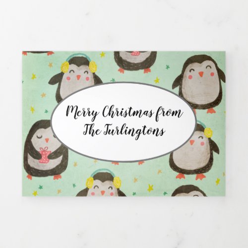 Happy Penguins Wearing Santa Hats wEar Muffs Tri_Fold Holiday Card