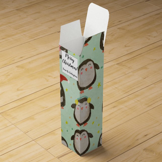Happy Penguins Wearing Santa Hats w/Ear Muffs Wine Box (Opened)