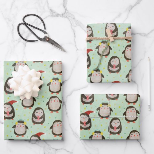 Happy Penguins Wearing Santa Hats wEar Muffs Wrapping Paper Sheets