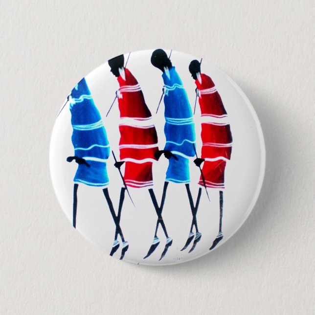 Happy People Maasai Warriors Walking Art Print Pinback Button (Front)