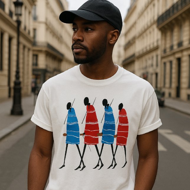 Happy People Maasai Warriors Walking Art Print T-Shirt (Bold Maasai artistry meets Parisian street style in this striking cultural fashion moment)
