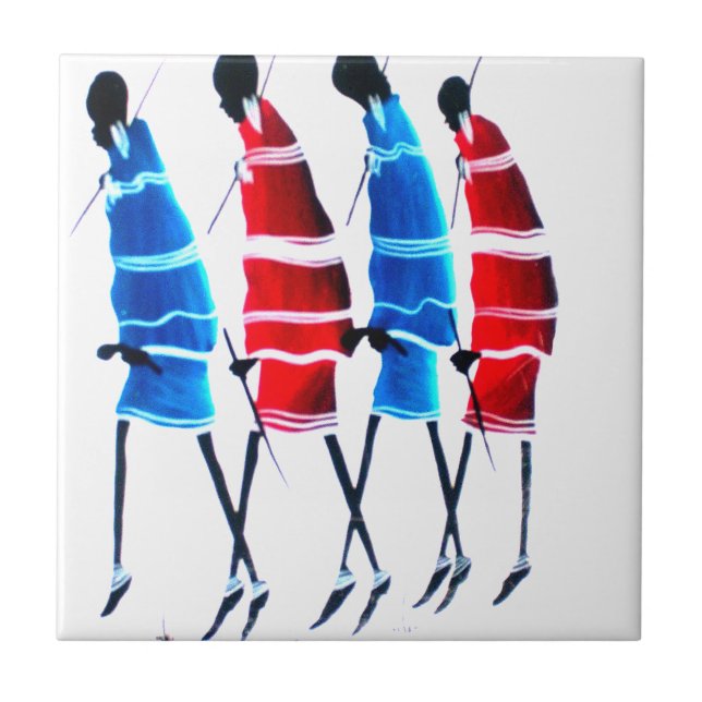 Happy People Maasai Warriors Walking Art Print Tile (Front)