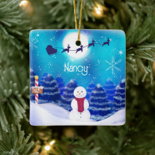 Happy Personalized Christmas Snowman Ceramic Ornament