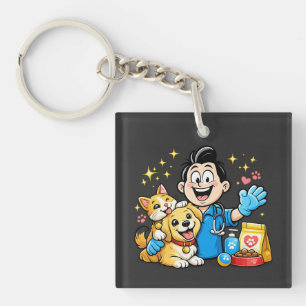 Happy Pet Care Mascot Cute Animal Cartoon Art Keychain