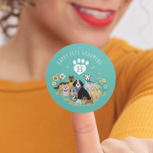 Happy Pet Family Pet Care  Grooming Monogram Teal Classic Round Sticker
