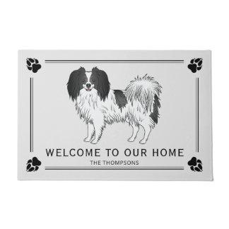 Happy Phalène Dog With Black Custom Welcome Text Doormat