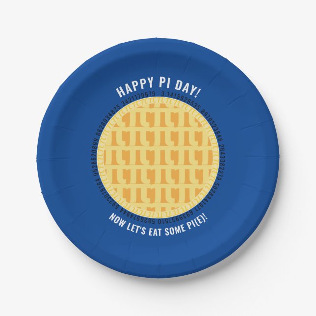 Happy Pi Day w/ 100+ Digits Lattice Apple Pie Blue Paper Plates (Front)