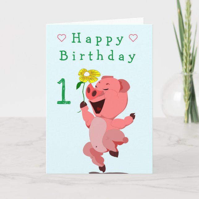 Happy Pig 1st Birthday Card (Front)