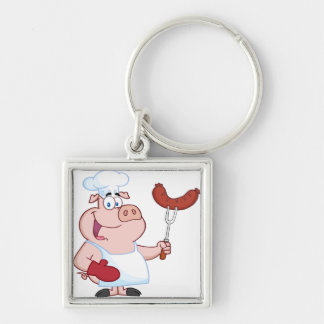 Happy Pig Chef With Sausage Fork Keychain