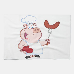 Happy Pig Chef With Sausage Fork Kitchen Towel