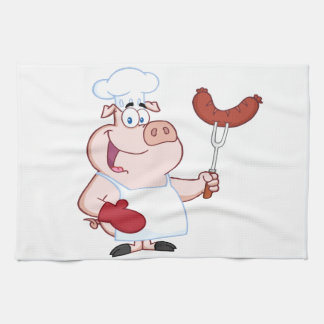 Happy Pig Chef With Sausage Fork Kitchen Towel