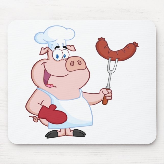 Happy Pig Chef  With Sausage Fork Mouse Pad (Front)
