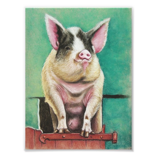 happy pig in pastel animal painting photo print (Front)