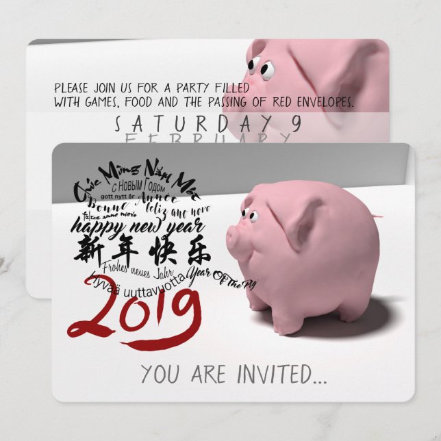Happy PIg New Year 2019 Party Invitation (Front/Back)