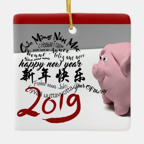 Happy PIg New Year 2019 personalized Square O Ceramic Ornament