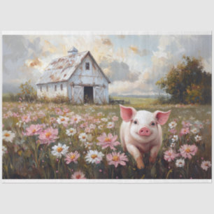 Happy Pig Pink Wildflowers Decoupage Tissue Paper