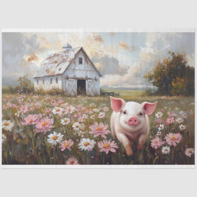 Happy Pig Pink Wildflowers Decoupage Tissue Paper (Front)