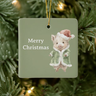Happy Pig Red Christmas Hat Ceramic Ornament