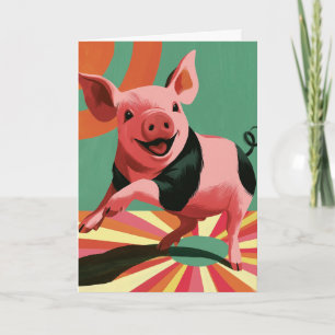 Happy Pig Retro Sunburst Colorful Art Card
