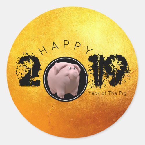 Happy PIg Year 2019 Original 3D golden 2 Round S Classic Round Sticker